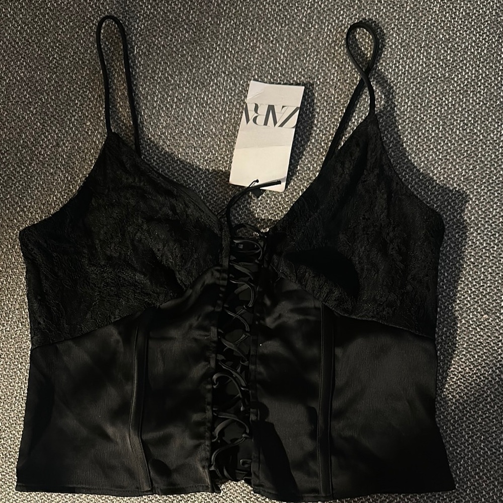 New Zara Black Lace-Up Satin Crop Top